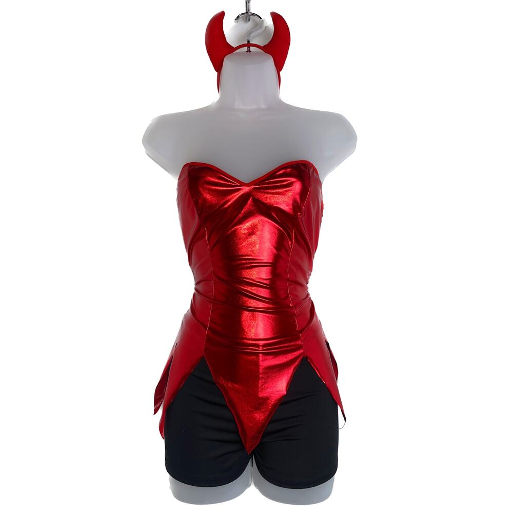 New Vegan Small Red Devil Patent Leather Metallic Shorts Halloween‎ Costume Set